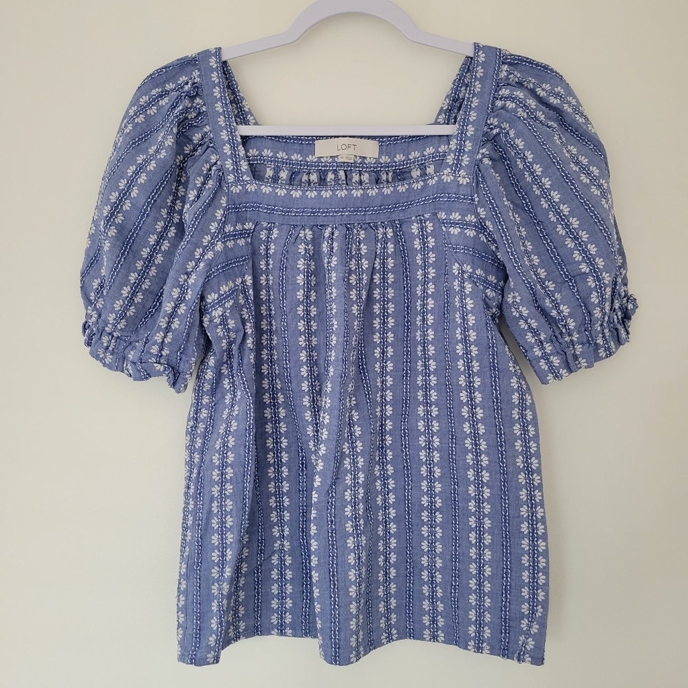 Loft Floral Stitch Square Neck Puff Sleeve Feminine Boho Blouse XS